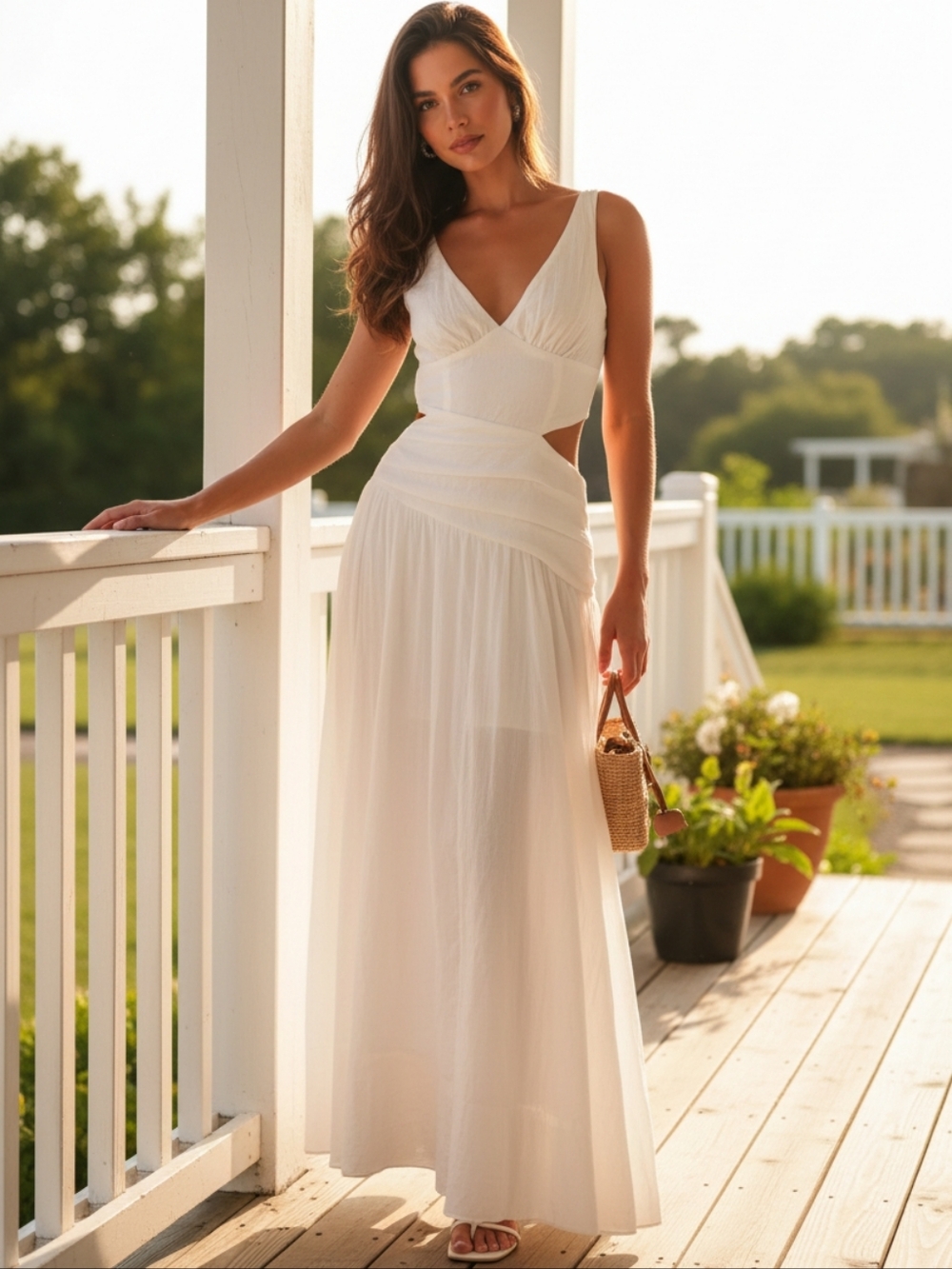 Ruched Cutout Pleated Side Cotton Blend V-Neck Sleeveless Flowing Maxi Dress